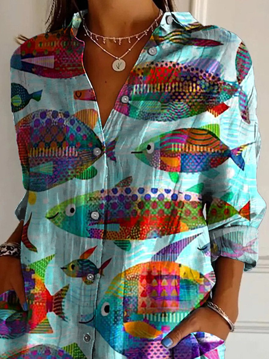 Colorful Sea Fish Pattern Printed Women's Casual Cotton Shirt