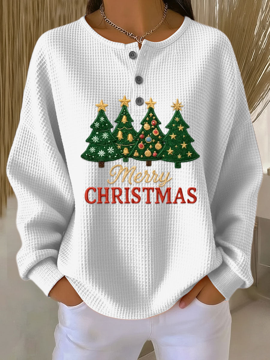 Women's Vintage Christmas Tree Art Print Casual Waffle Henry Collar Sweatshirt