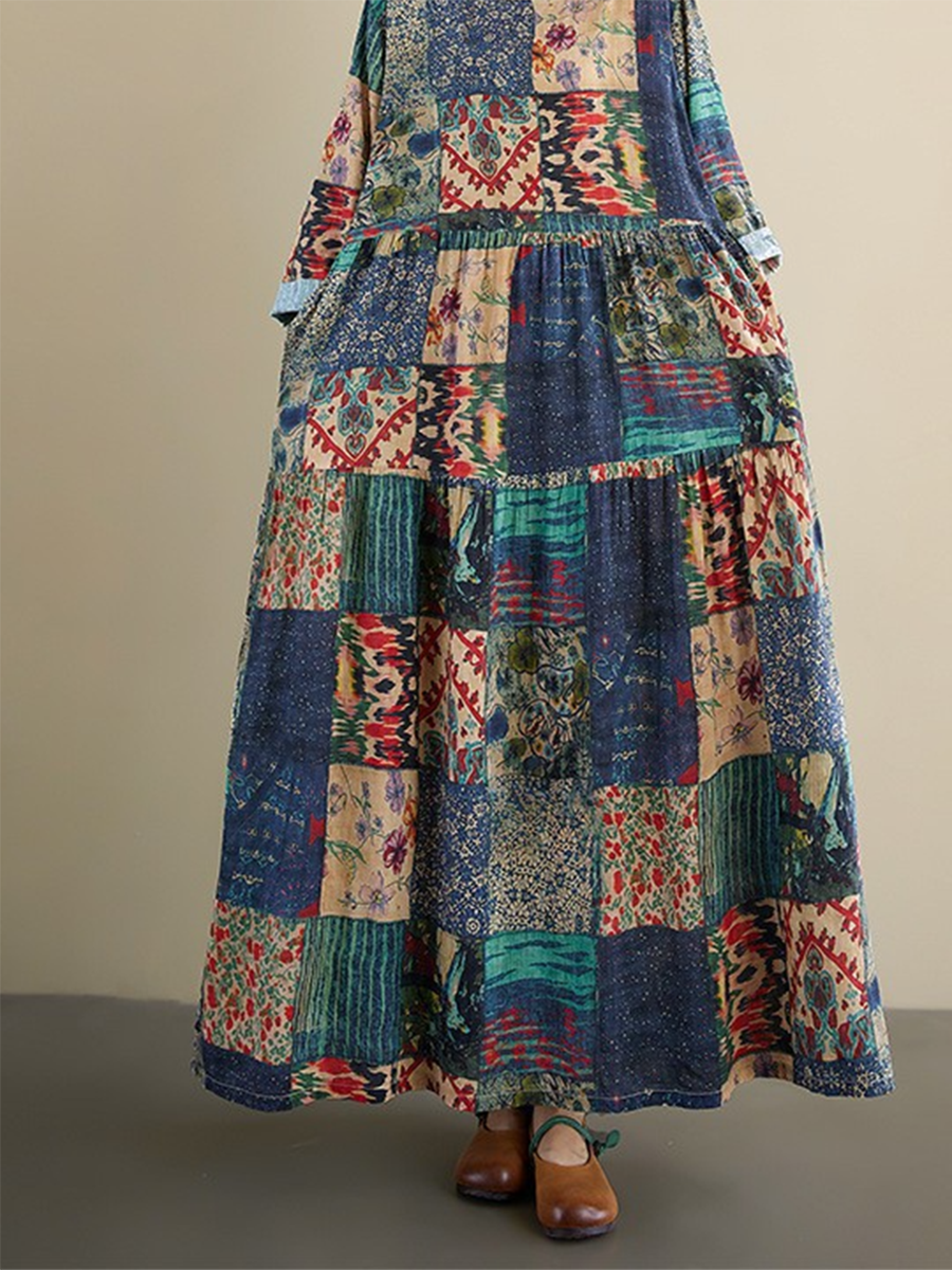 Women's Loose Floral Plaid Splicing Printed Cotton Dress