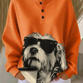 Women's Vintage Sunglasses Coffee Dog Art Print Casual Waffle Henry Collar Sweatshirt