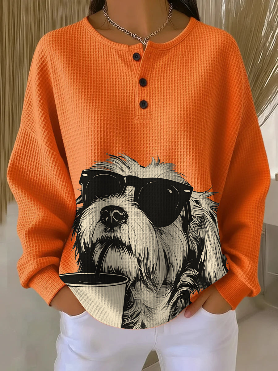 Women's Vintage Sunglasses Coffee Dog Art Print Casual Waffle Henry Collar Sweatshirt