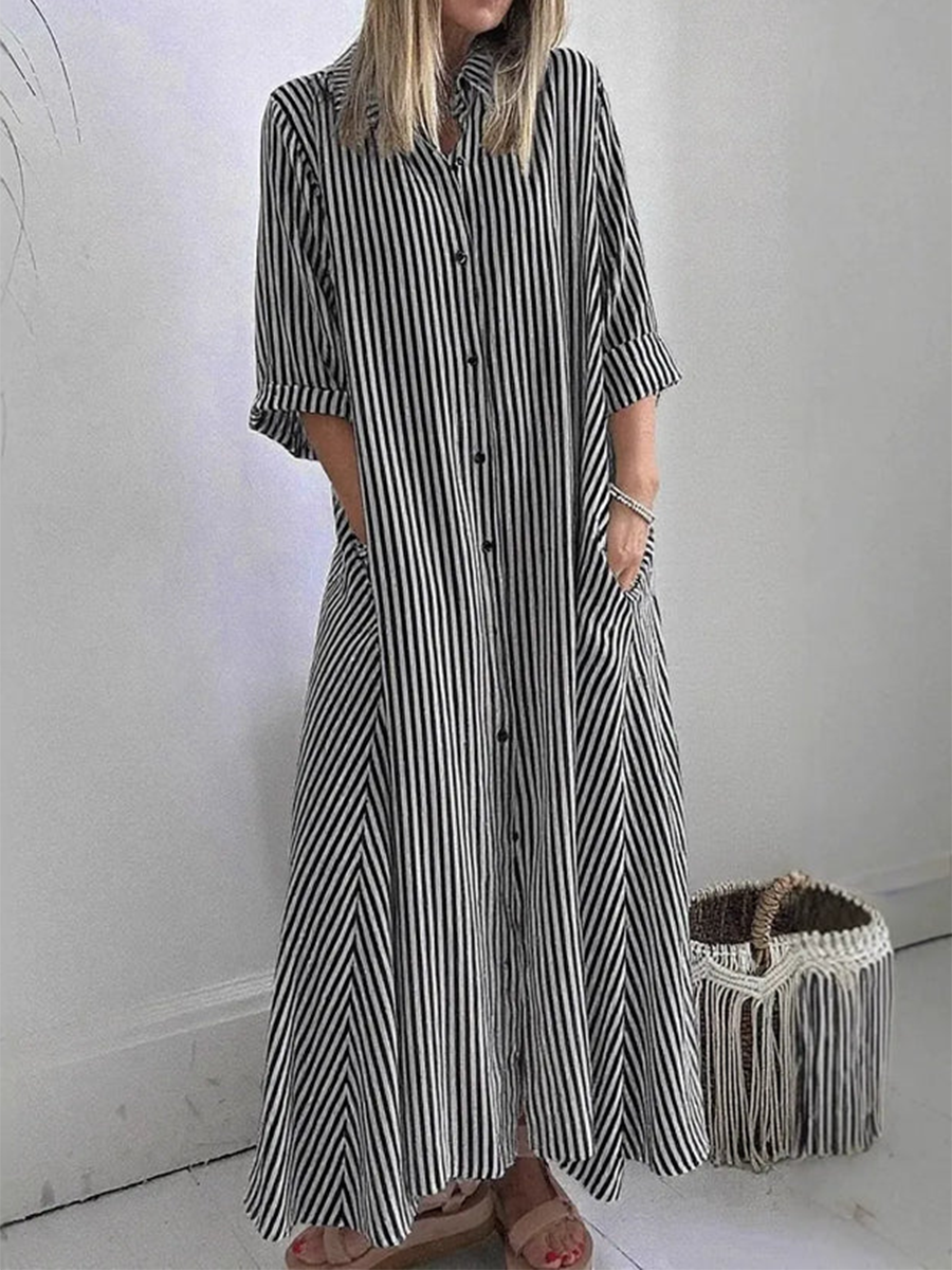Striped Lapel Button-Down Maxi Dress