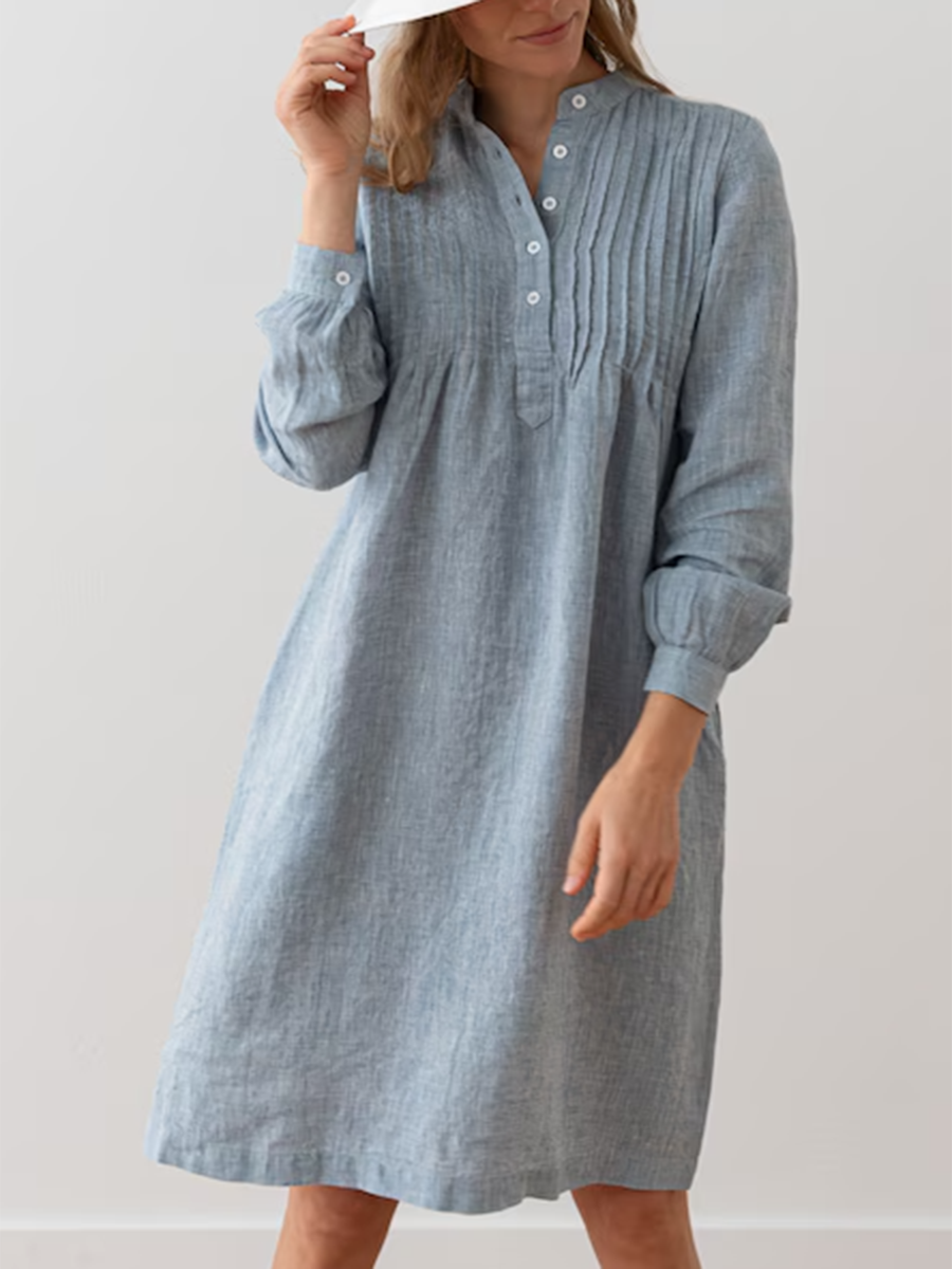 Women's Accordion Pleated Button Long Sleeve Linen Dress