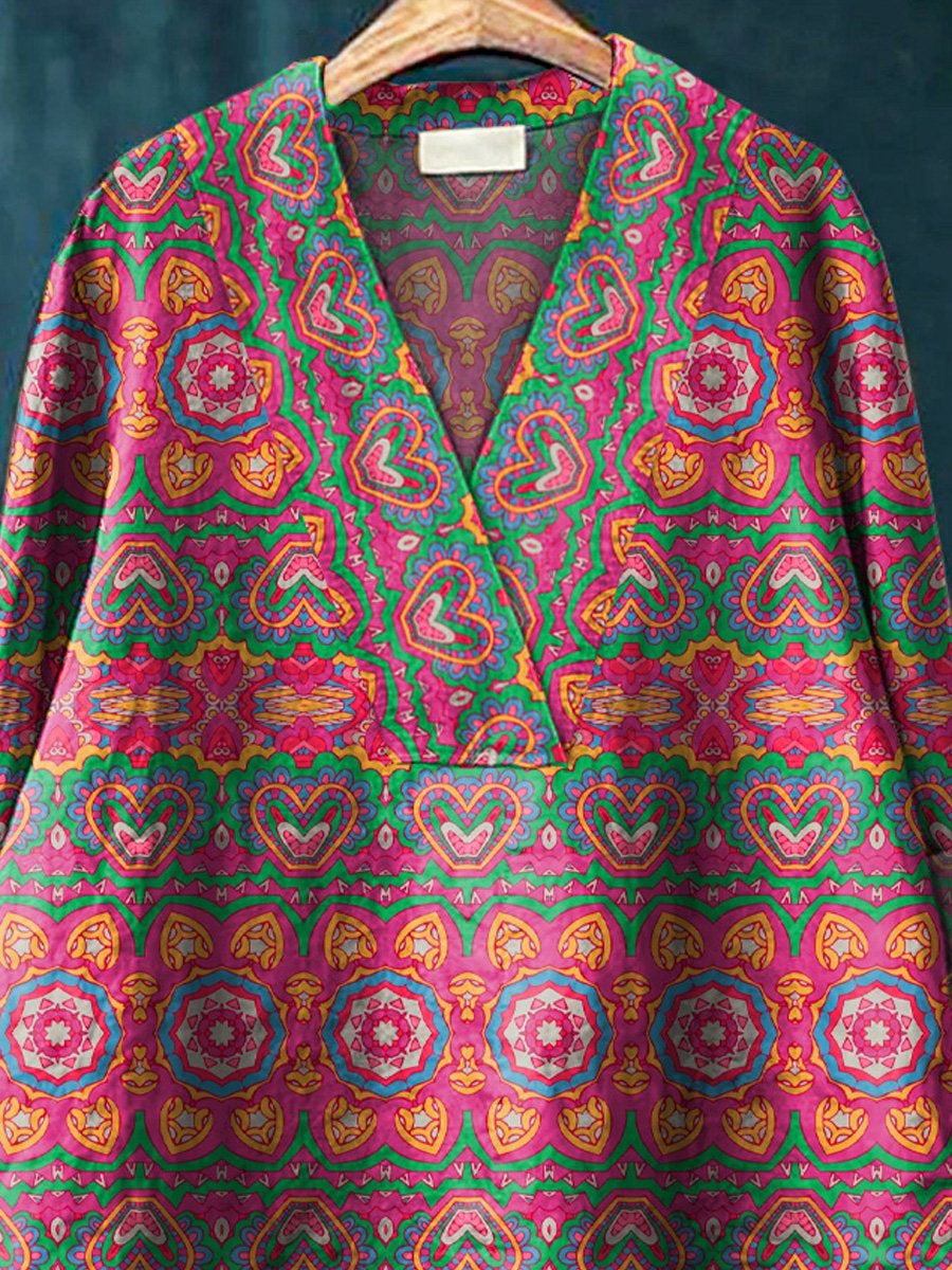 Ethnic Oriental Style Pattern Printed Women's Casual Cotton And Linen V-Neck Shirt