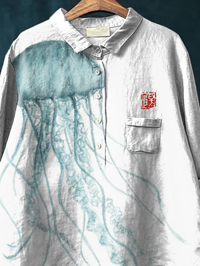 Watercolor Jellyfish Art Printed Women's Casual Cotton And Linen Shirt