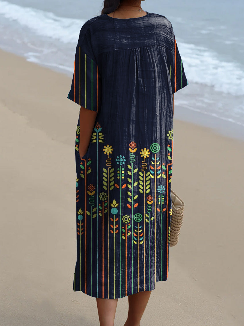 Geometric Floral Pattern Printed Women's Flowy Dress