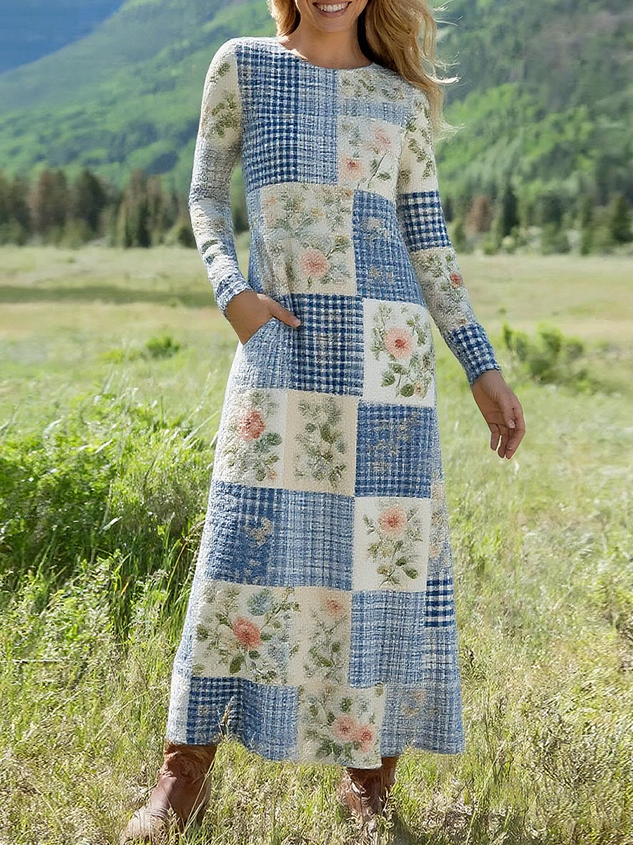 Women's Textured Floral Plaid Patchwork Print Stretch Dress