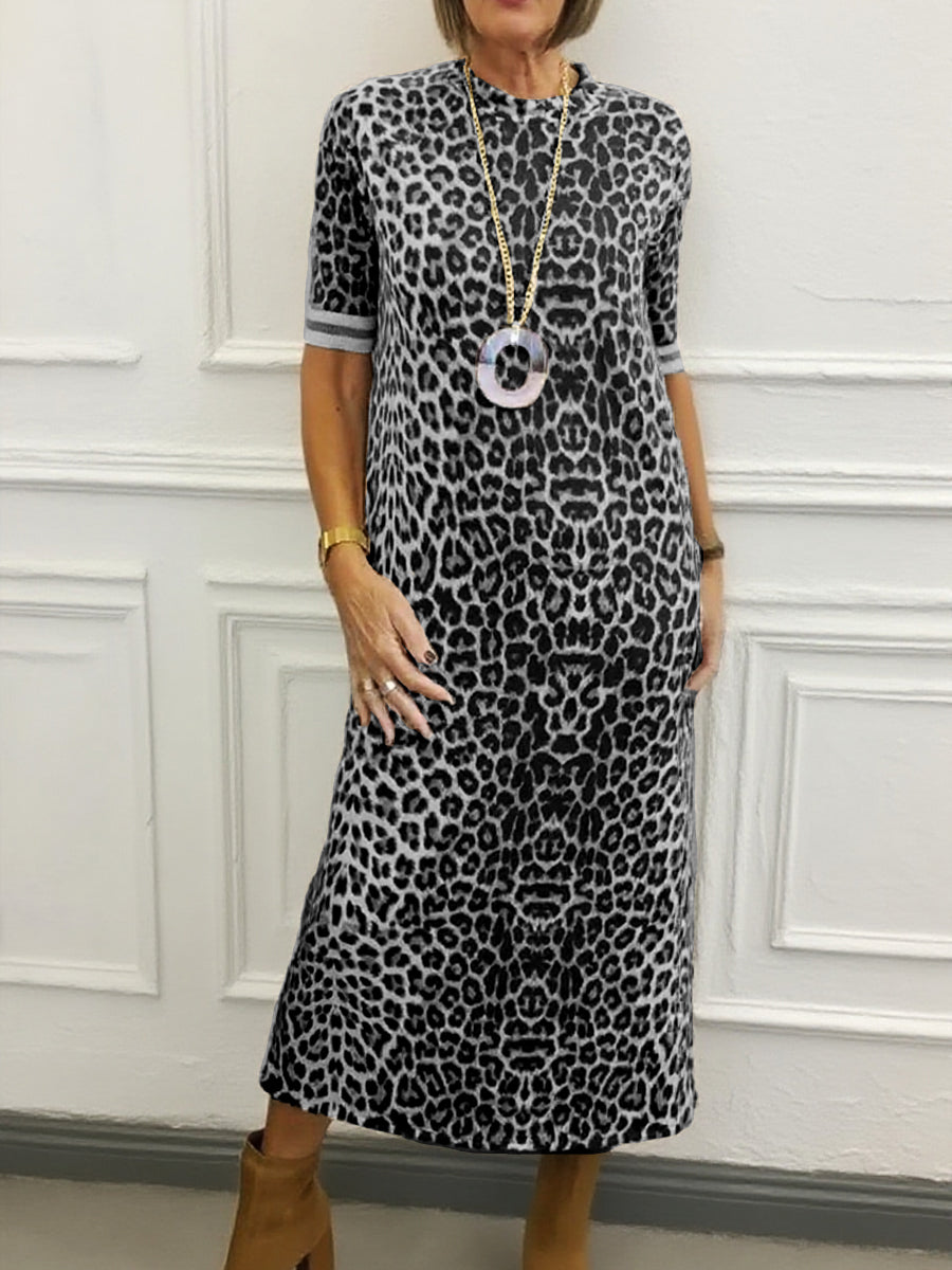 Animal Pattern Round Neck Midi Dress