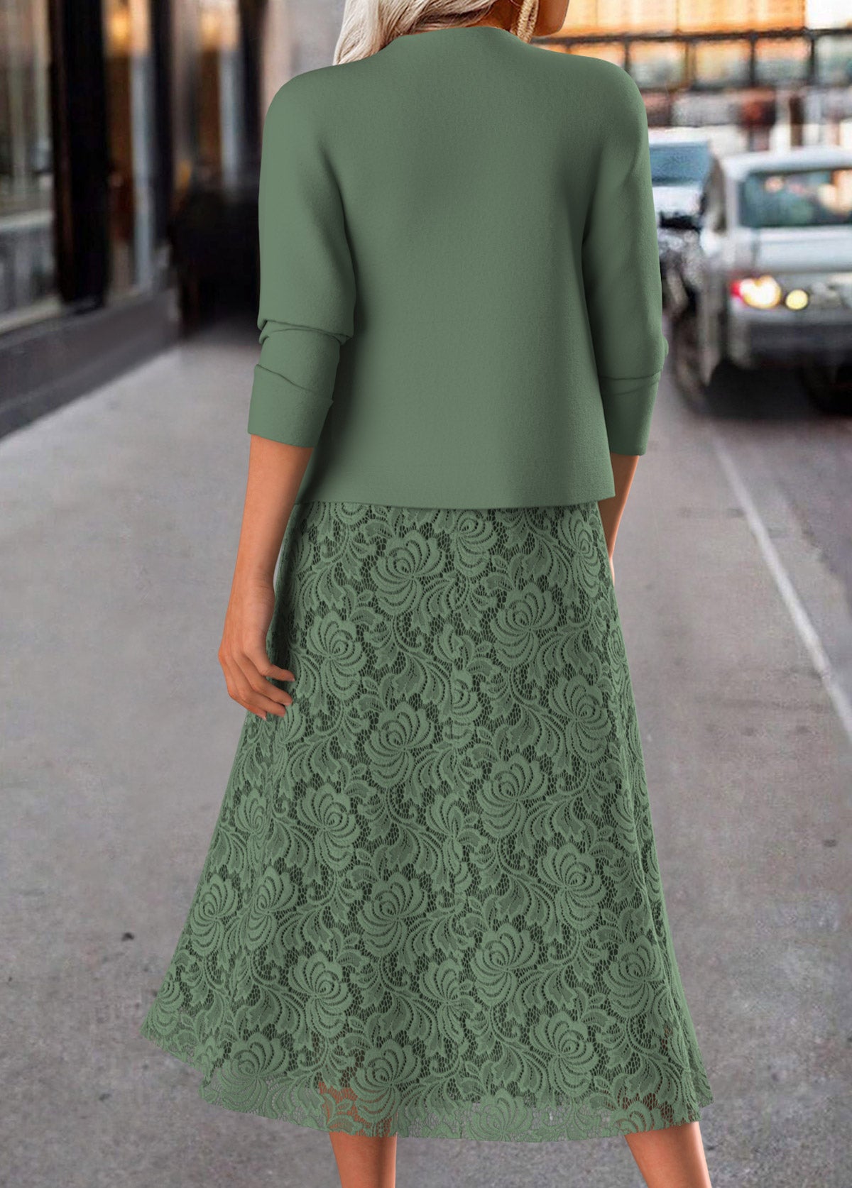 Sage Green Two Piece Long Sleeve Dress and Cardigan