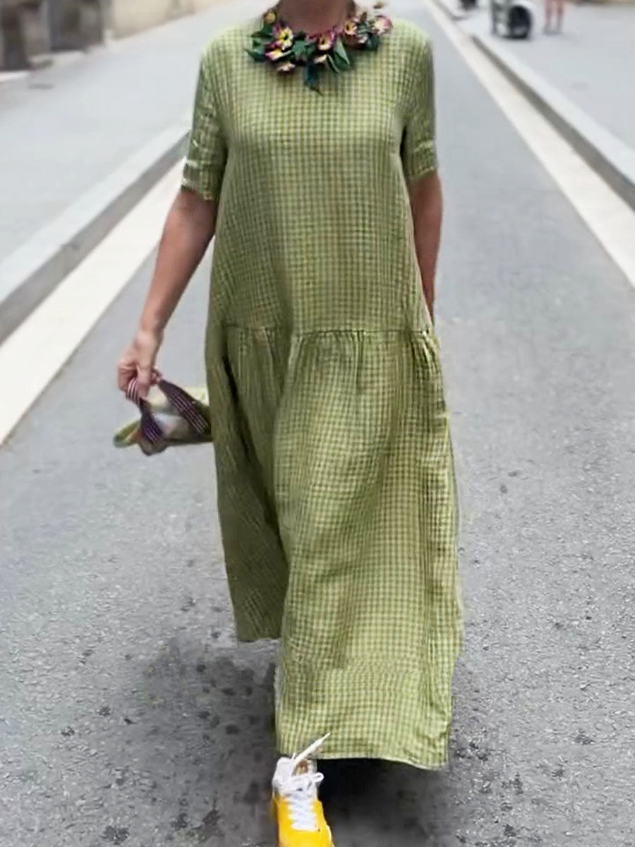 Women's Round Neck Short Sleeve Plaid Print Casual Cotton and Linen Dress