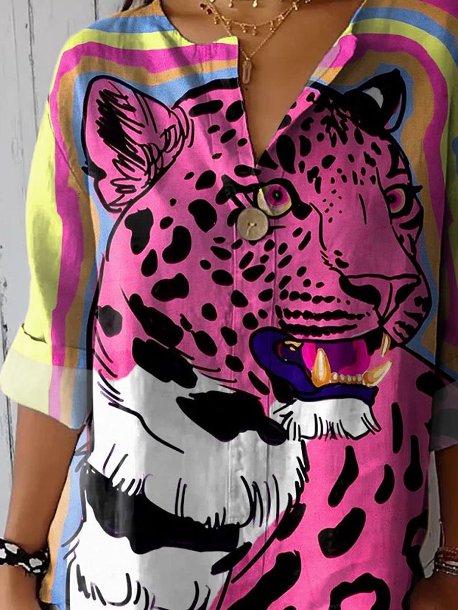 Women's Vintage Lovely Leopard Art Print Casual Cotton Linen Shirt