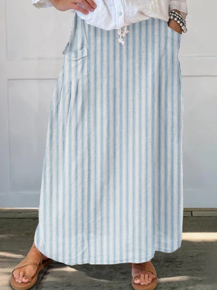 Women's Striped Abstract Geometry Art Pattern Print Linen Pocket Skirt