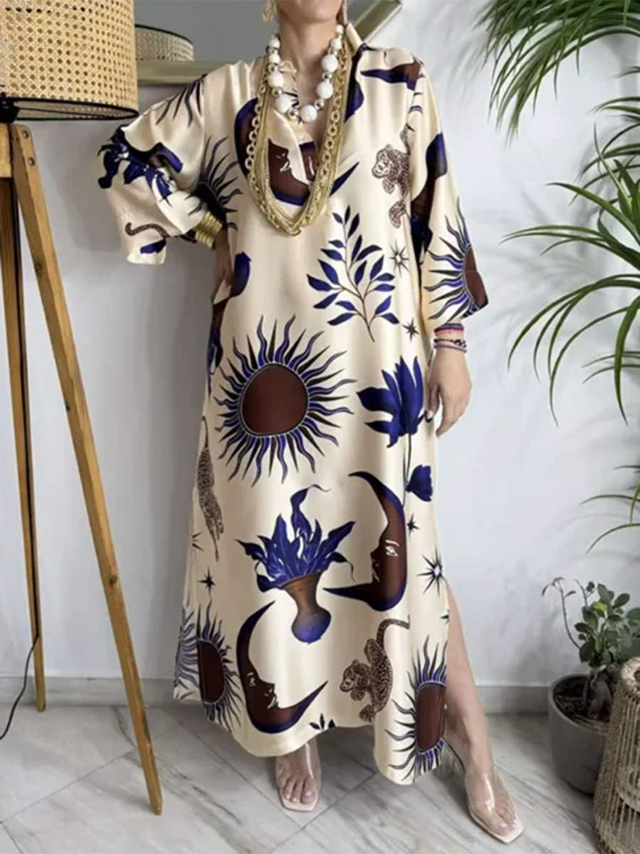 Women's Loose V-neck Sun God Print Dress