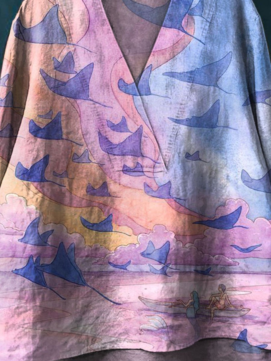 Women's Vintage Lovely Manta Rays Art Print Casual Cotton And Linen V-neck Shirt