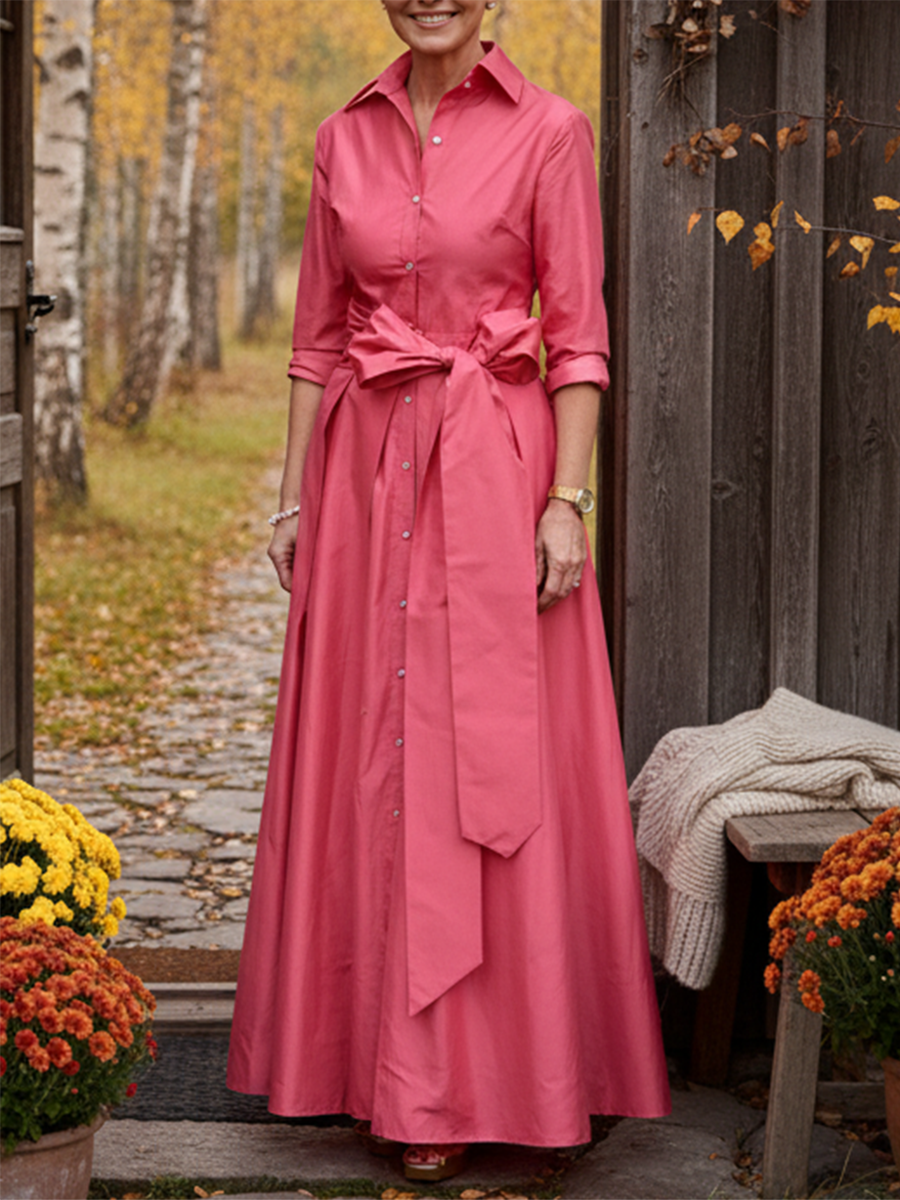 Women's Elegant Solid Color Lapel Bow Cotton Maxi Dress