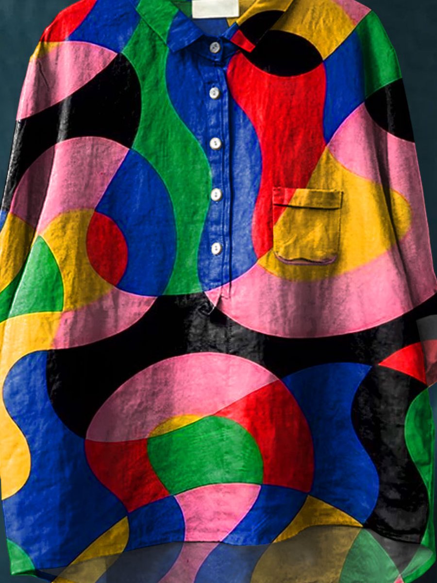 Women's Colorful Abstrct Art Print Casual Cotton And Linen Shirt