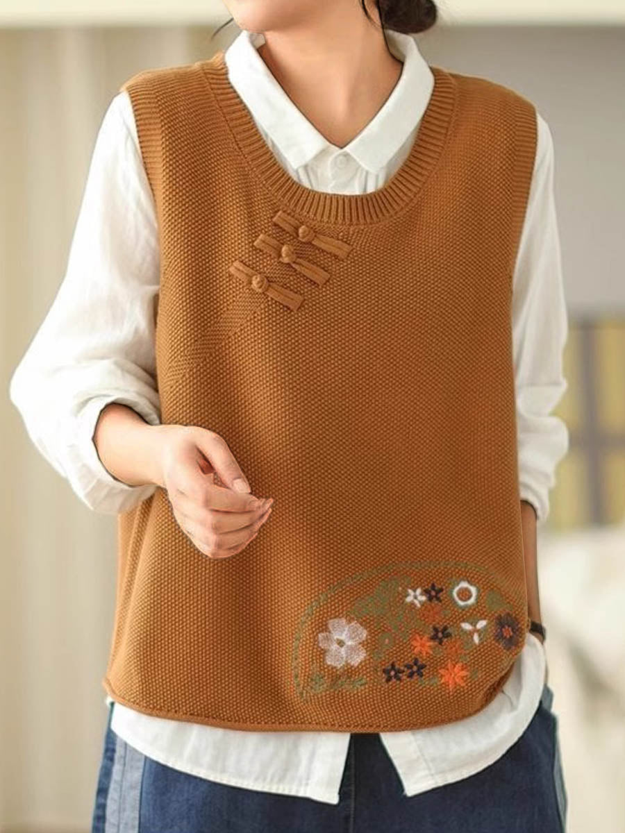 Women's Round Neck Sleeveless Positioning Embroidery Button-Decorated Vest Sweater