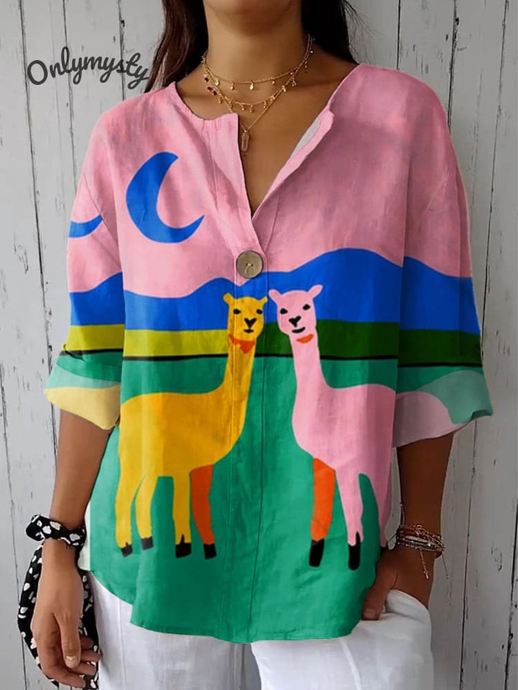 Women's Animal Art Print Casual Cotton Linen Shirt