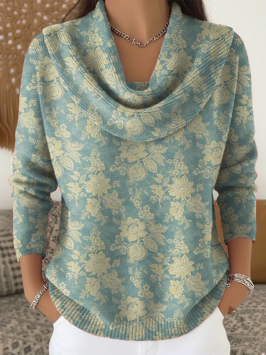 Women's Vintage Floral Pattern Art Print Cowl Neck Sweater