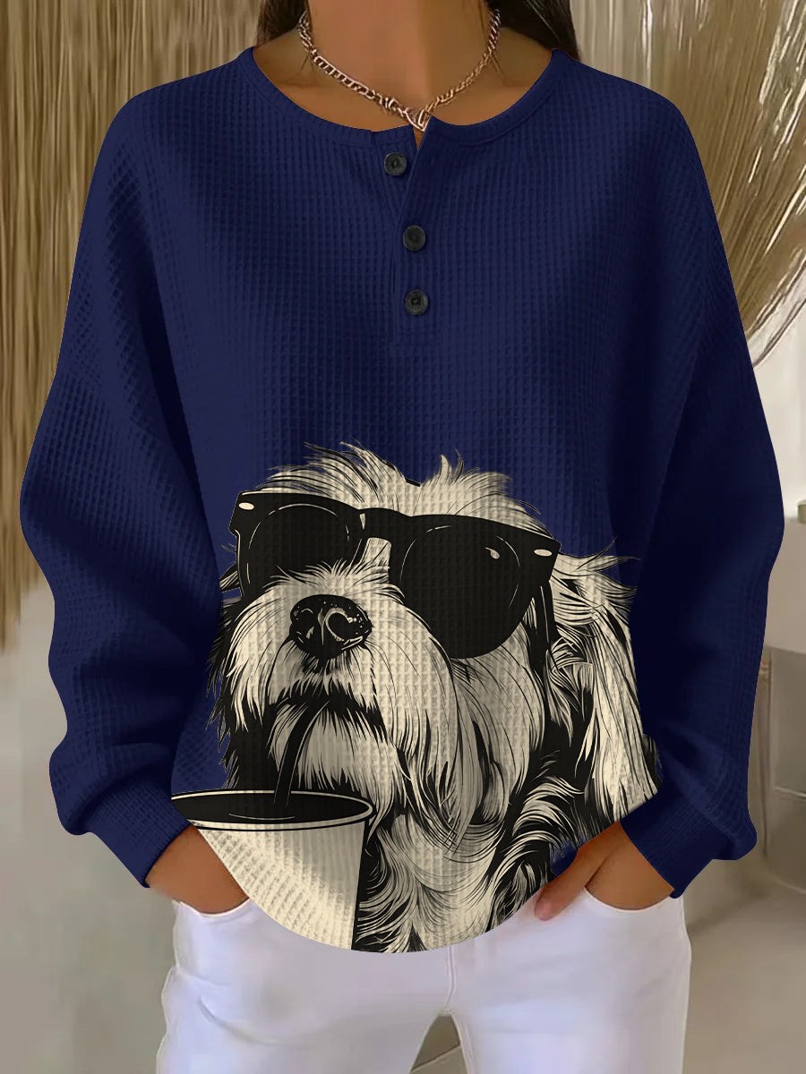 Women's Vintage Sunglasses Coffee Dog Art Print Casual Waffle Henry Collar Sweatshirt