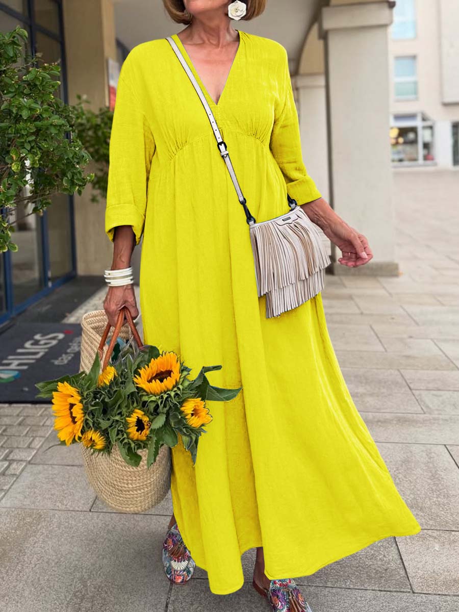 Women's Solid Color V-Neck 3/4 Sleeve Casual Cotton and Linen Loose Dress