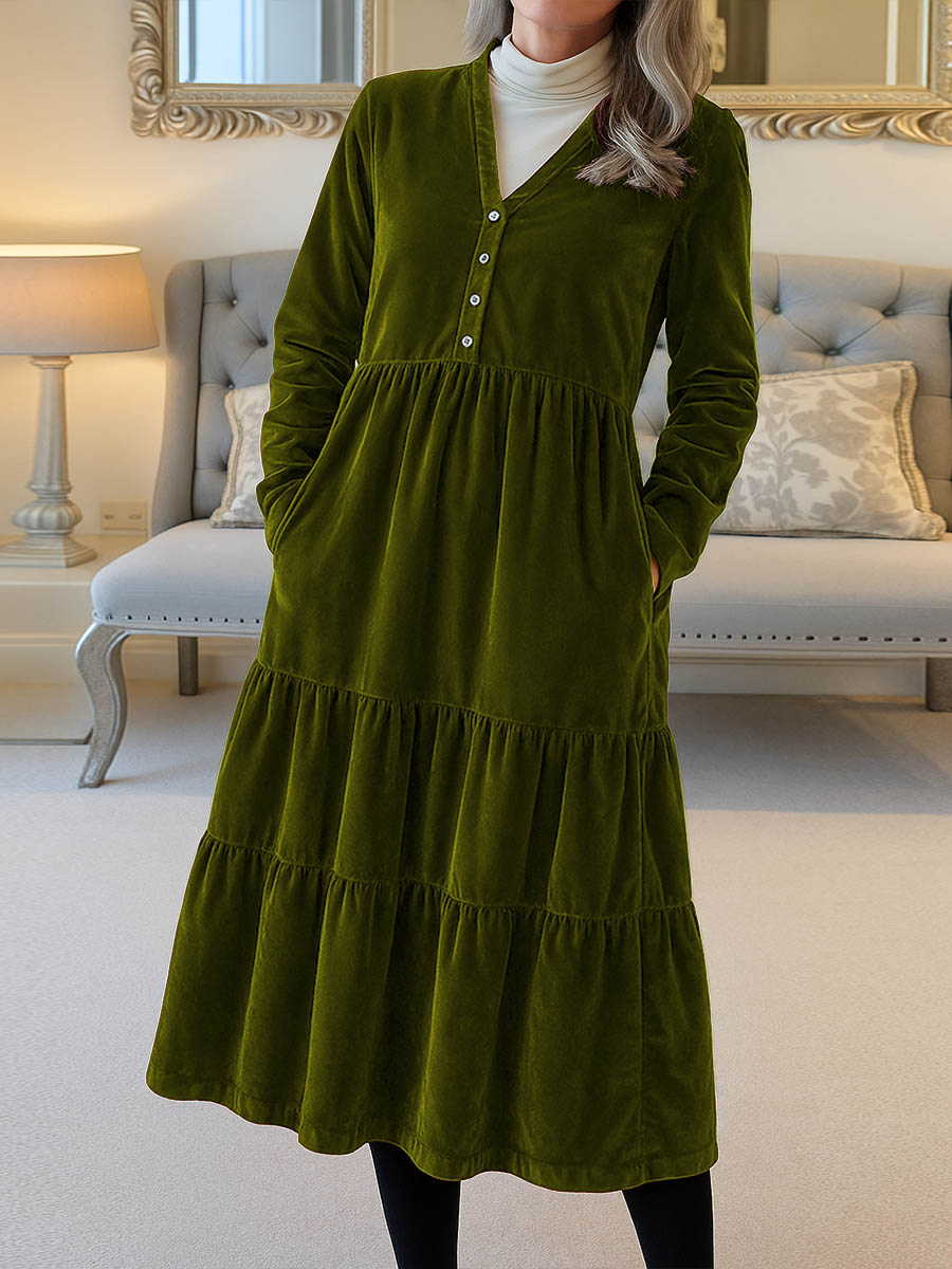 Women's Solid Color V-Neck Long Sleeve Velvet Casual A-Line Dress