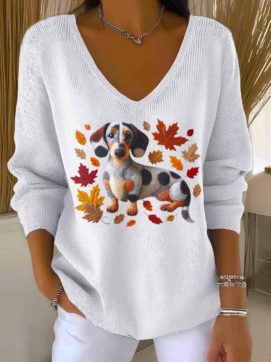 womens-lovely-autumn-dog-art-print-casual-pullover-sweater-vt9j