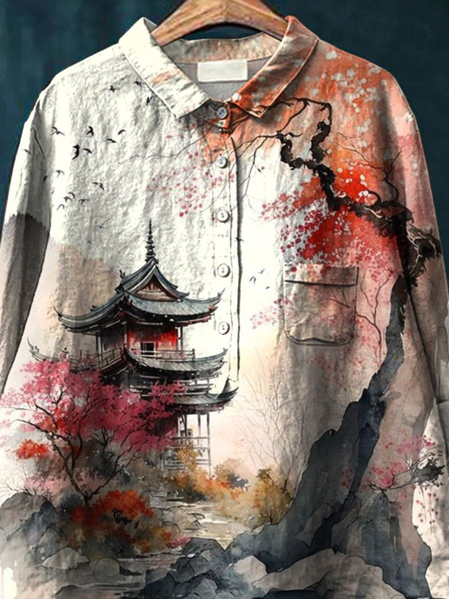 Ink Wash Style Plum Blossom And Temple Art Printed Women's Casual Cotton And Linen Shirt