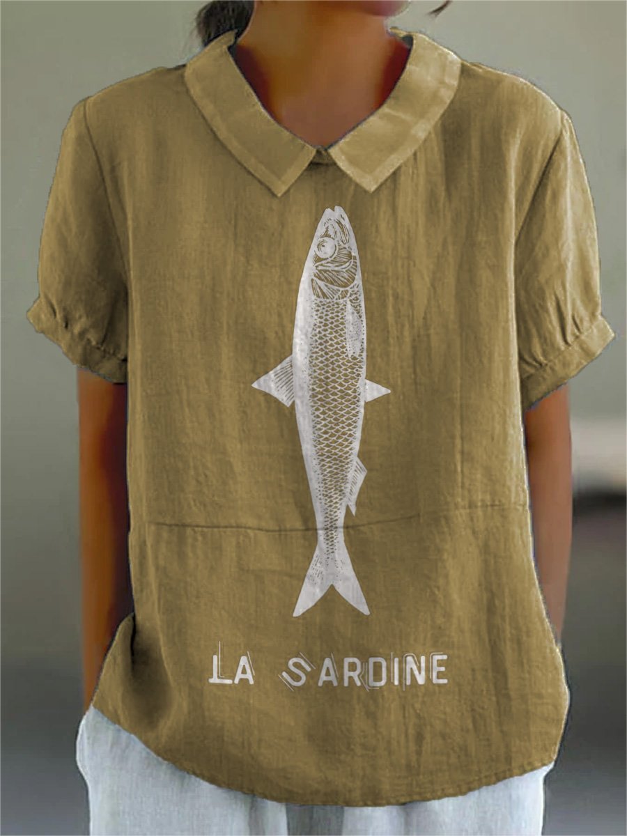 Sardine Fish Graphic Printed Women's Casual Cotton And Linen Shirt