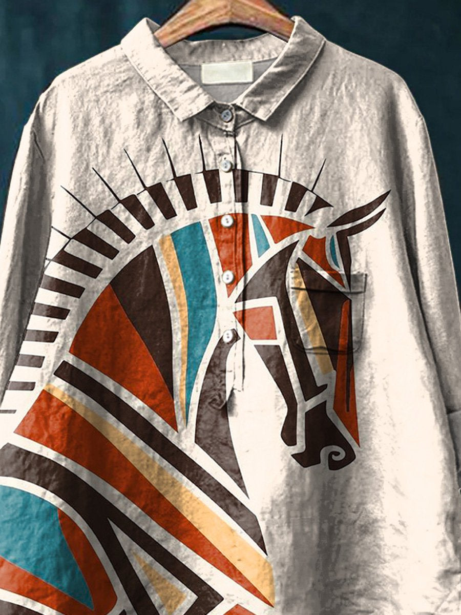 Geometric Horse Art Printed Women's Casual Cotton And Linen Shirt