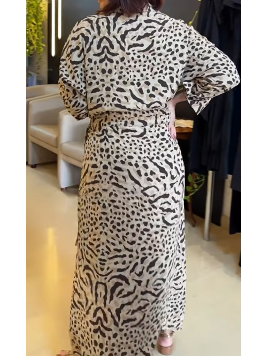 Women's Animal Print V-neck Lace-up Cotton and Linen Dress