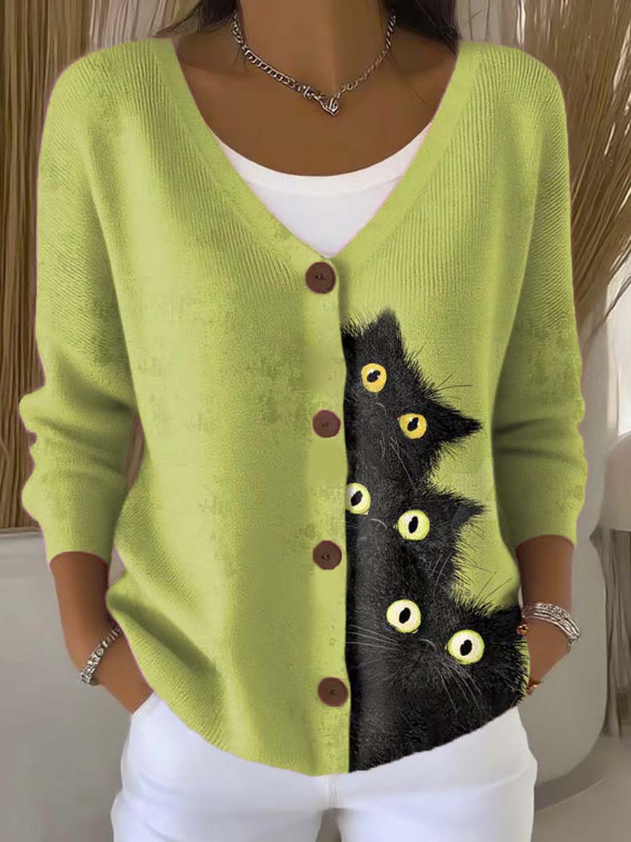 funny-cats-art-print-buttoned-v-neck-cardigan-sweater