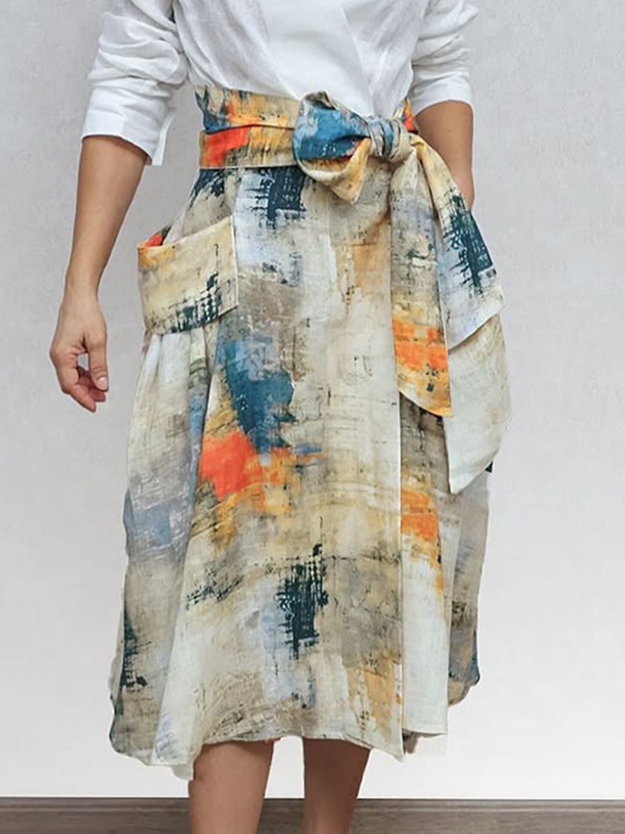 Women's Watercolor Brushstroke Print Bowknot Linen Skirt