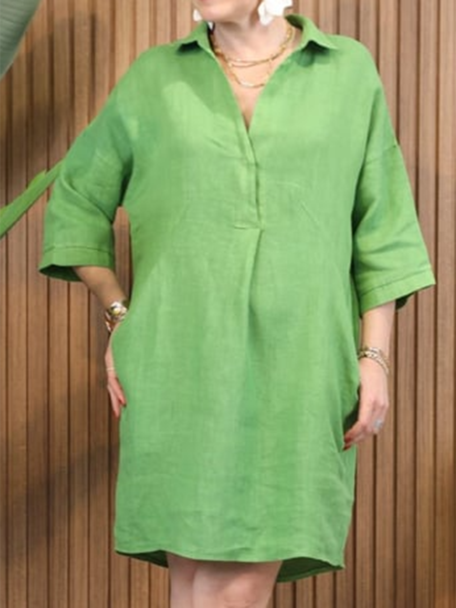 Women's V-neck Pocket Cotton and Linen Dress