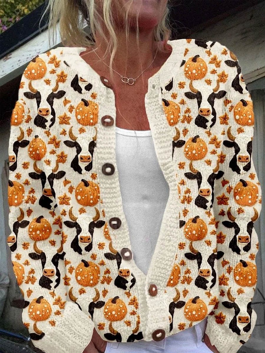 womens-pumpkin-cow-pattern-art-print-buttoned-cardigan-sweater