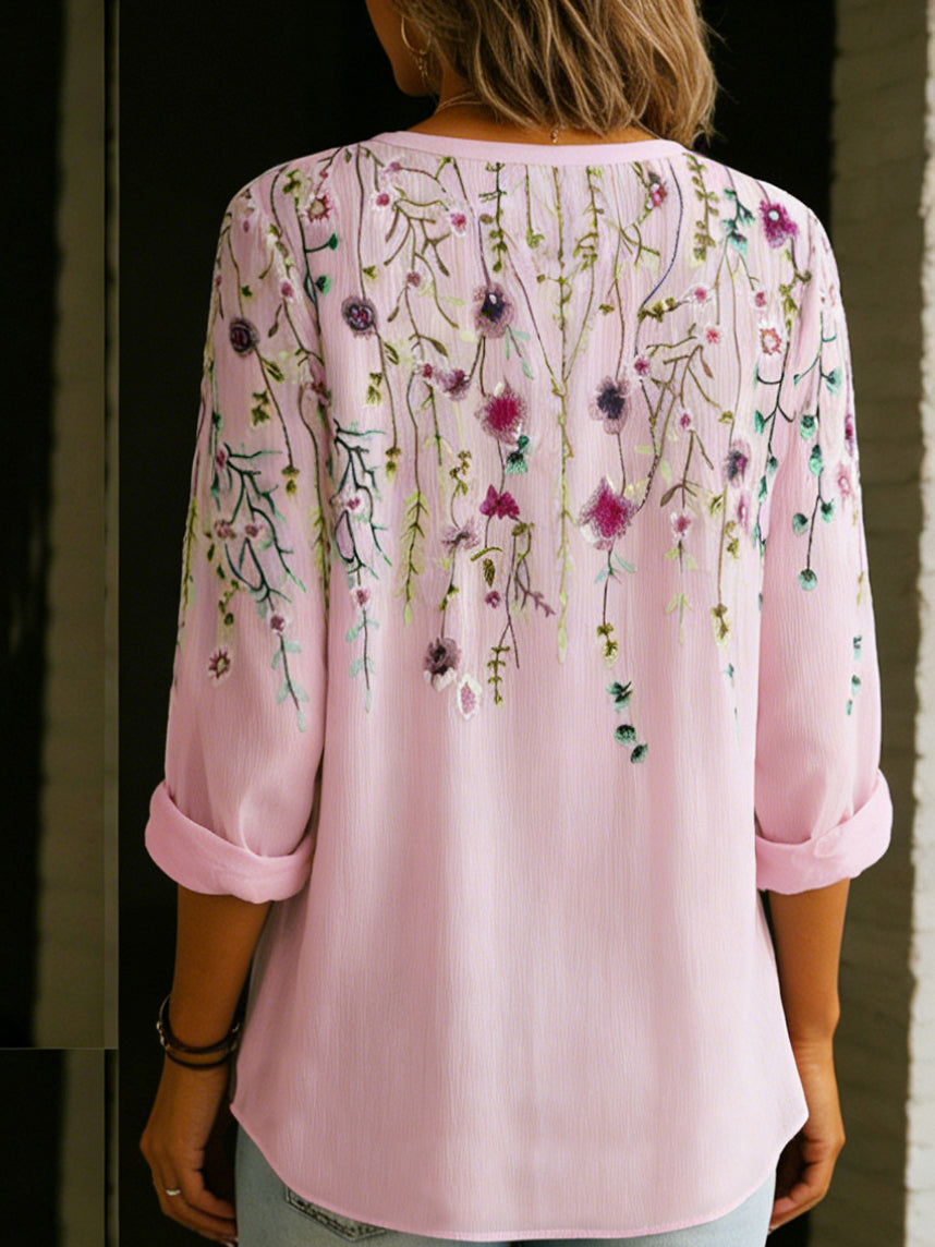 Vintage Bouquet Waterfall Cotton Linen Shirt Blouse