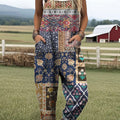 Women's Vintage Splicing Flower Art Print Casual 100% Cotton Wide Leg Jumpsuit