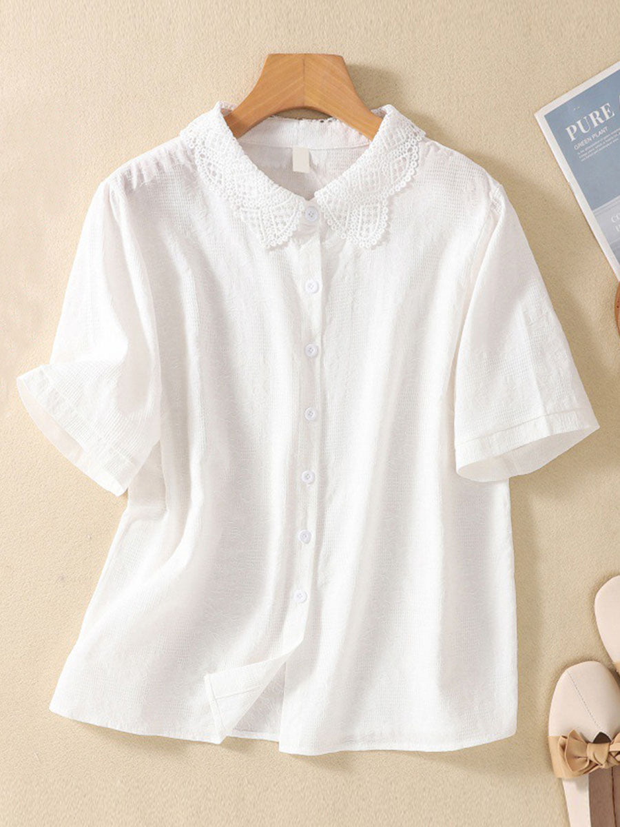 Women's Solid Color Lapel Short Sleeve Casual Cotton and Linen Shirt