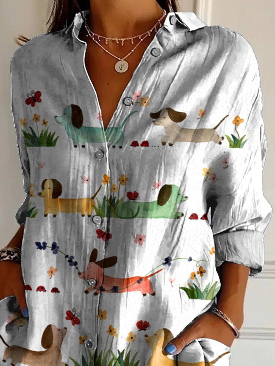 Watercolor Dachshund Dogs Art Printed Women's Casual Cotton Shirt