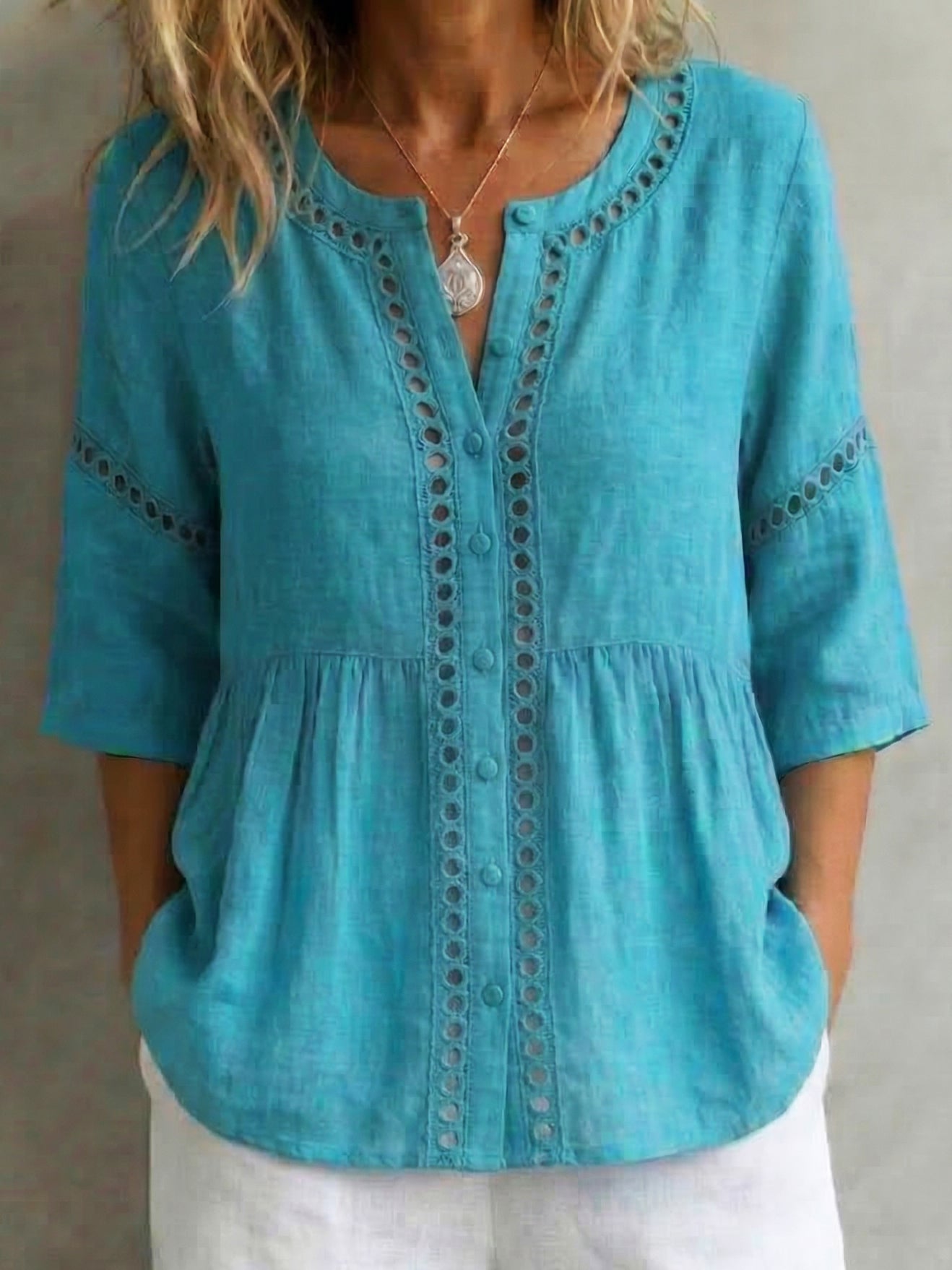 Retro Romantic Openwork Lace Henley Blouse