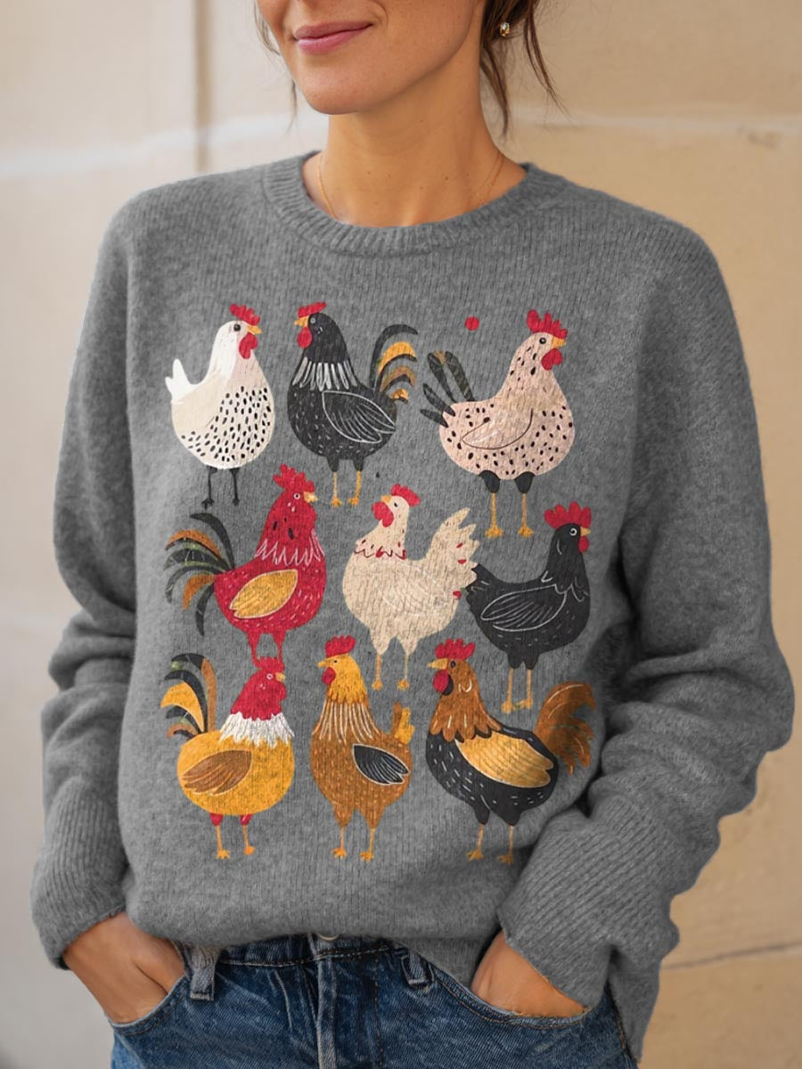 Women's Chicken Pattern Art Print Knit Pullover Sweater