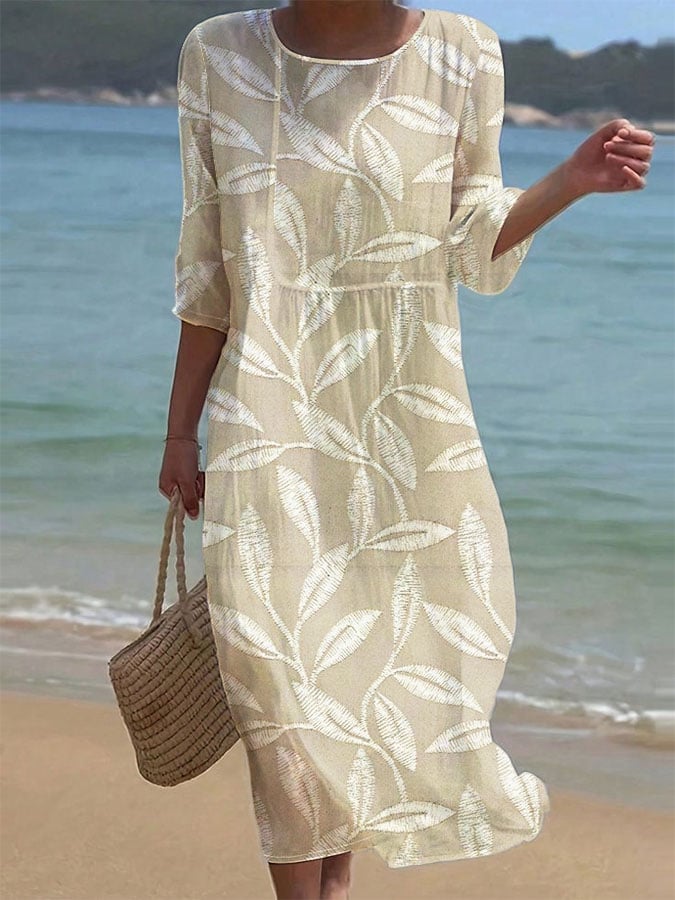 Women's Vintage Flower Art Print Pocket Cotton Dress