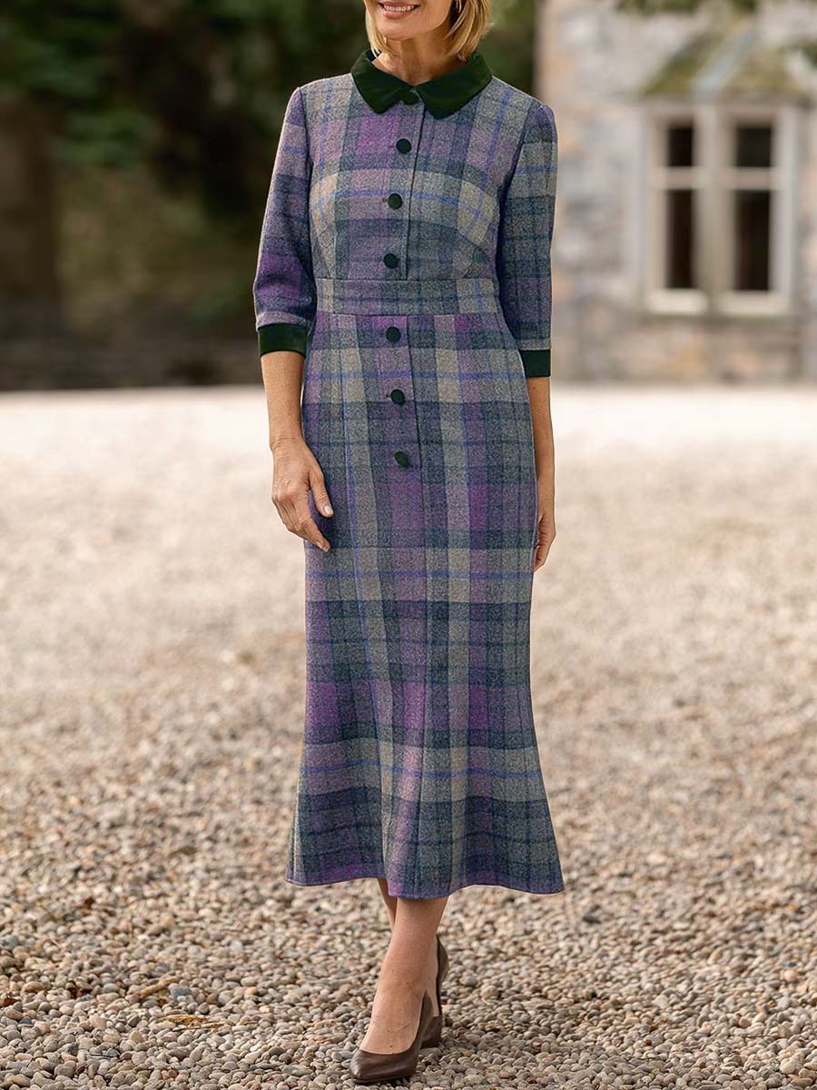 Women's Plaid Print Peter Pan Collar 3/4 Sleeve Casual Fit Fall/Winter Dress