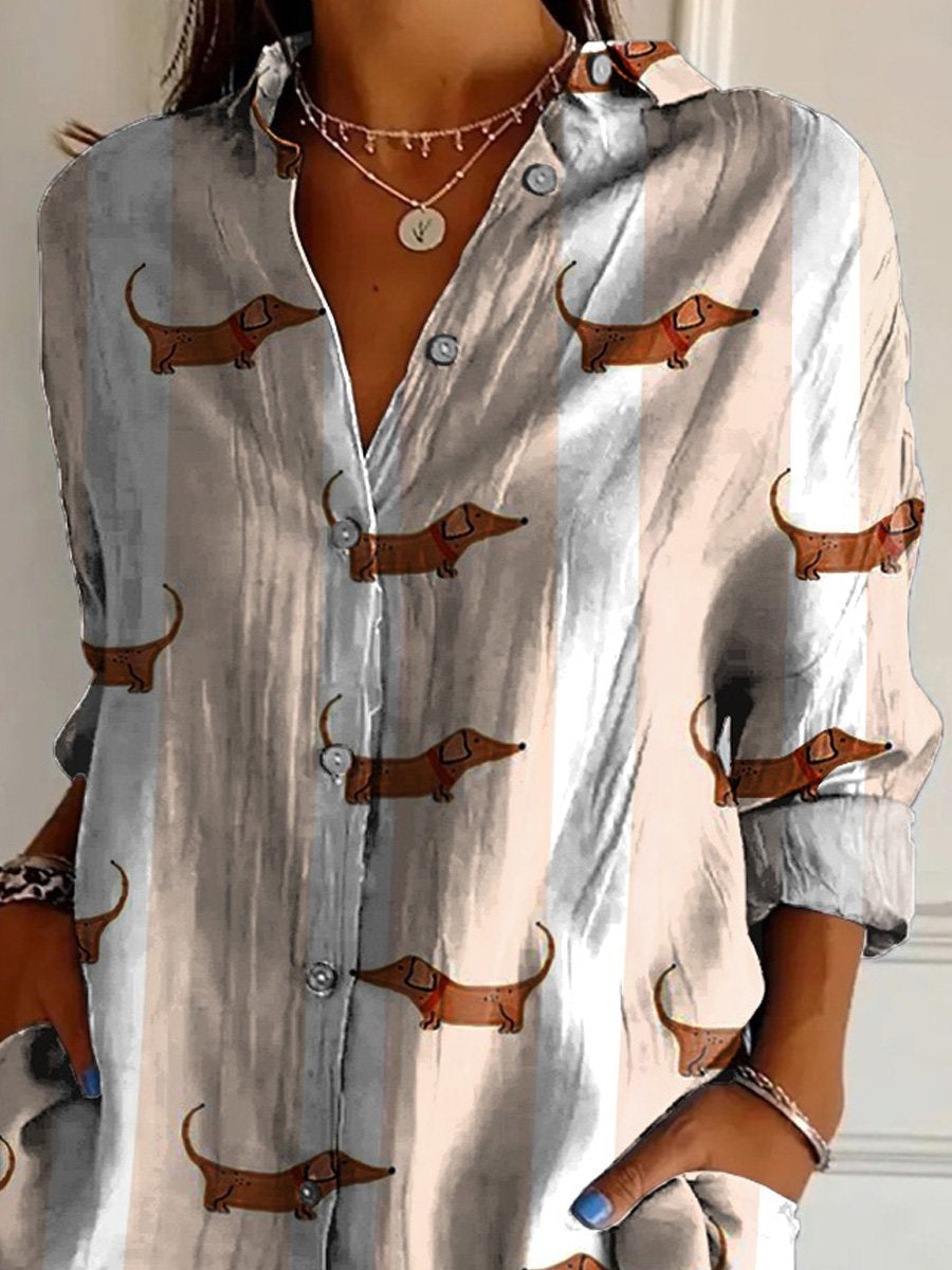 Petite Dachshund Dog Pattern Printed Women's Casual Cotton Shirt