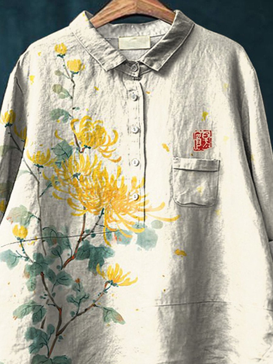 Watercolor Chrysanthemum Art Printed Women's Casual Cotton And Linen Shirt