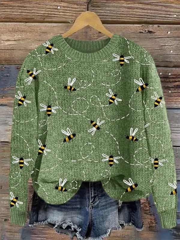 Vintage Funny Bee Art Print Knit Pullover Sweater