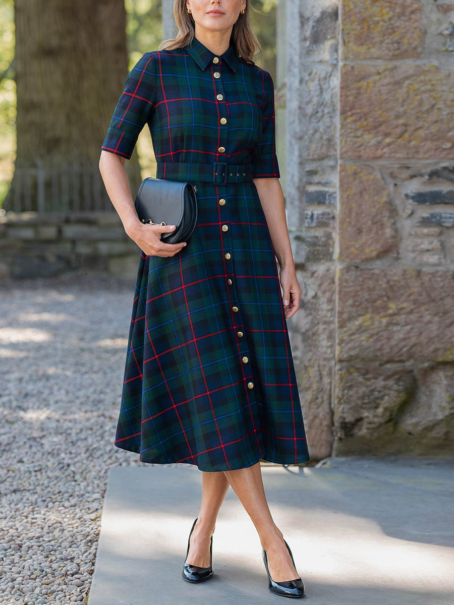 Women's Plaid Print Lapel Short Sleeve Casual Loose Dress