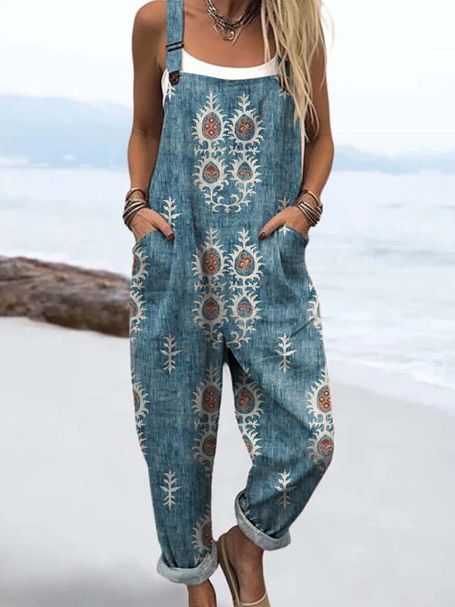 Women's Vintage Floral Pattern Art Print Casual 100% Cotton Wide Leg Jumpsuit