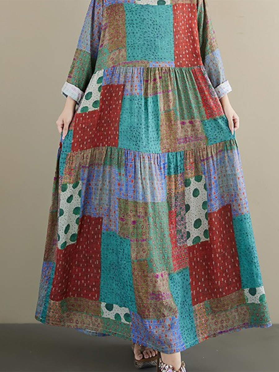 Women's Loose Plaid Polka Dot Print A-Line Dress