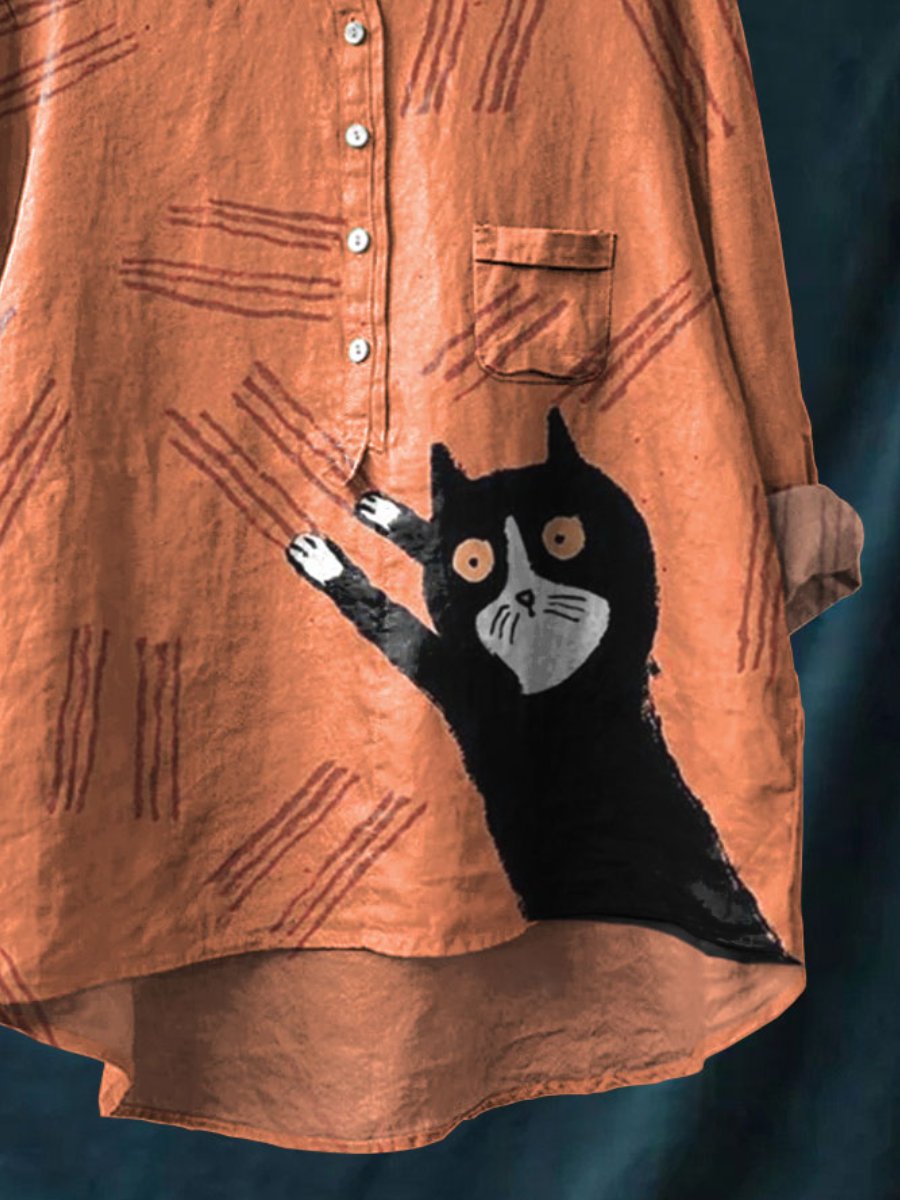 Women's Funny Black Cat Art Print Casual Cotton And Linen Shirt